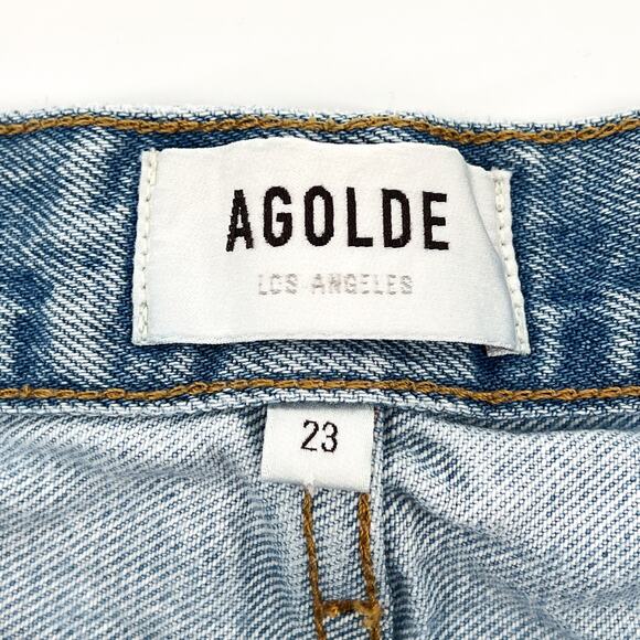 AGOLDE Riley Cutoff Distressed Denim Shorts Women’s Size 23 Groove Light Wash - Picture 3 of 5